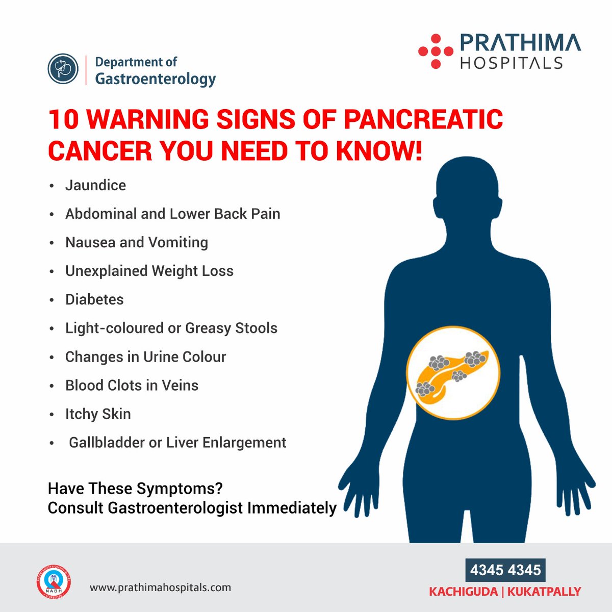 Keeping an eye on the warning sign is always a good thing. Here we've mentioned some warning signs of Pancreatic Cancer that everyone should look after. 

#PancreaticCancer #PancreaticSymptoms #PancreaticCancerSymptoms #Cancer #Gastroenterology #Health #PrathimaHospitals