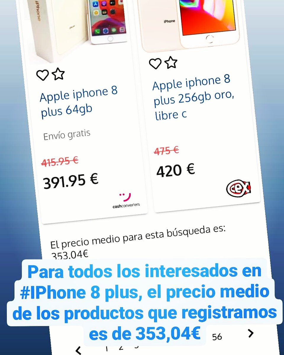 yehabox's tweet photo. Para los que buscan un #iphone 8 plus, tenemos un precio medio de 353,04€ de todos los productos registrados. #backmarket #cashconverters #cex #game https://t.co/h6Yr99VD4D