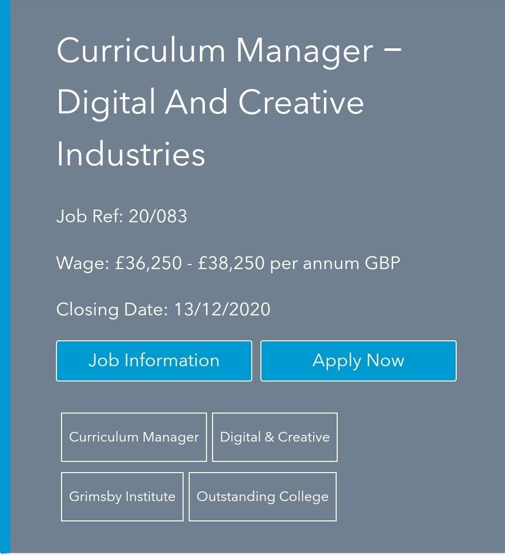 Come and join our award winning faculty. We are looking for an exceptional Curriculum Manger to lead our HE Digital &amp; Creative teams into a very exciting future.

bit.ly/3mbfNee

#education  #newopportunities #grimsby #outstanding