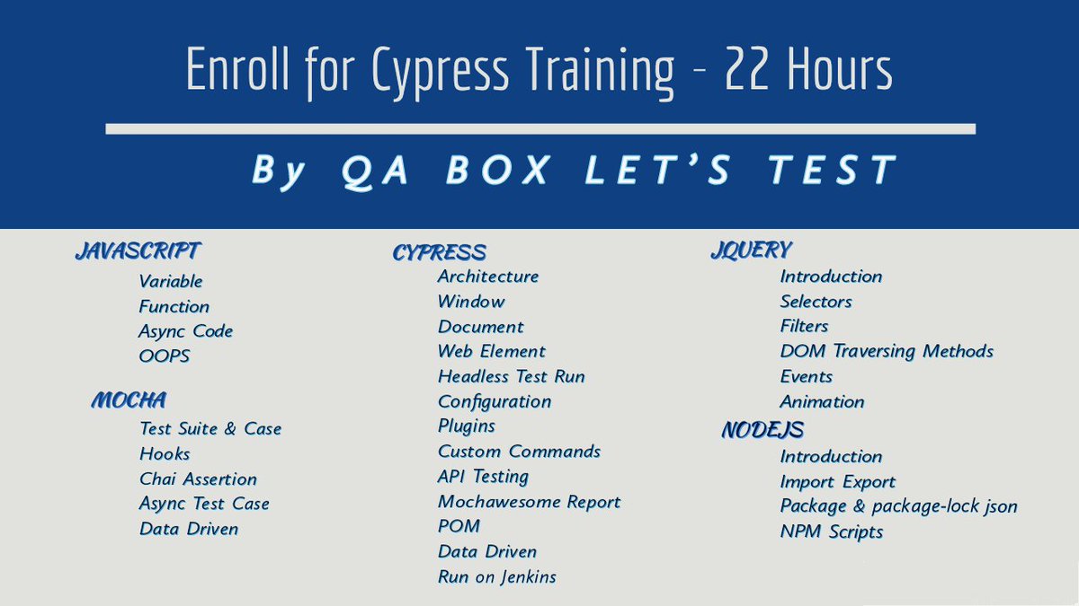 qabox_letstest's tweet image. #cypress
#cypresstraining

Cypress Automation Training program Details
1. Mode - Online
2. Days - Weekends (Both Saturday &amp;amp; Sunday)
3. Batch Duration - 22 Hours
4. Class Duration - 1 Hour
5. Timings - Batch 1 (12-1pm) IST
Batch 2 (5-6 pm) IST