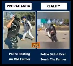 sumitsharmaIND's tweet photo. Police didn't even touch the farmer, just waved the stick in air. But the pic is smartly used to make police villain. This is how Congressmen morphing the content. Don't know if the person in the pic is farmer or Khalistani #NamoCares #किसान_विरोधी_नरेंद्र_मोदी #मोदी_संग_किसान https://t.co/C1xgX5GsDQ