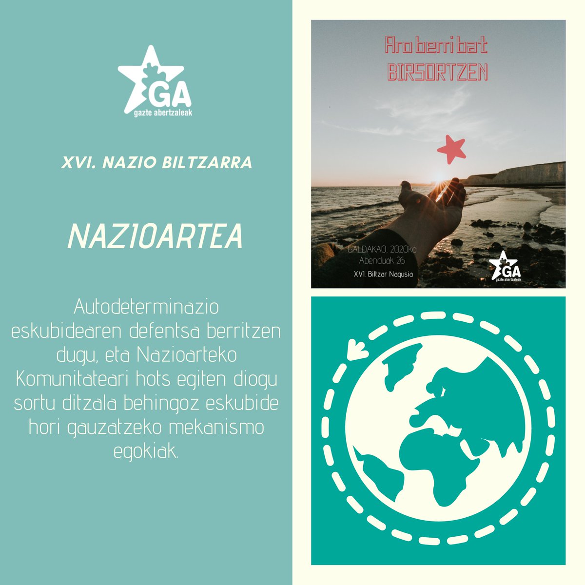 gazte's tweet photo. NAZIOARTEA:

Eskozia zein Katalunia, Sahara zein Euskal Herria, munduko herri guztiek beraien autoderminazio eskubidea gauzatzeko gaitasuna izan behar dute, eta nazioarteko komunitateak eskubide demokratiko honen emaitza onartu behar du.

#birsortzen 
#biltzarraXVI https://t.co/sOgIv3fHqM
