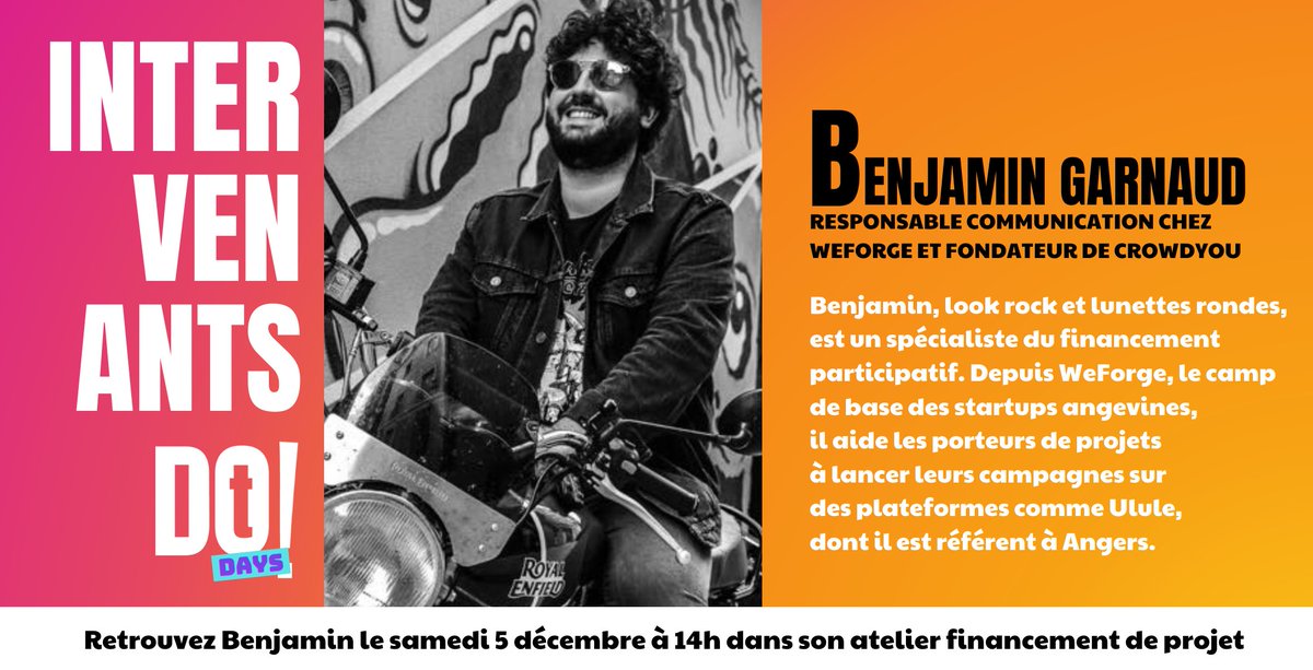 StartupAngers's tweet photo. On continue la présentation des intervenants avec @BenjaminGarnaud responsable communication de @We_Forge  et fondateur de Crowdyou. Il interviendra sur les problématiques de crowdfunding lors de l'atelier finance samedi à 14h sur https://t.co/EleGUSx3FO https://t.co/3zGzvMh6Sw