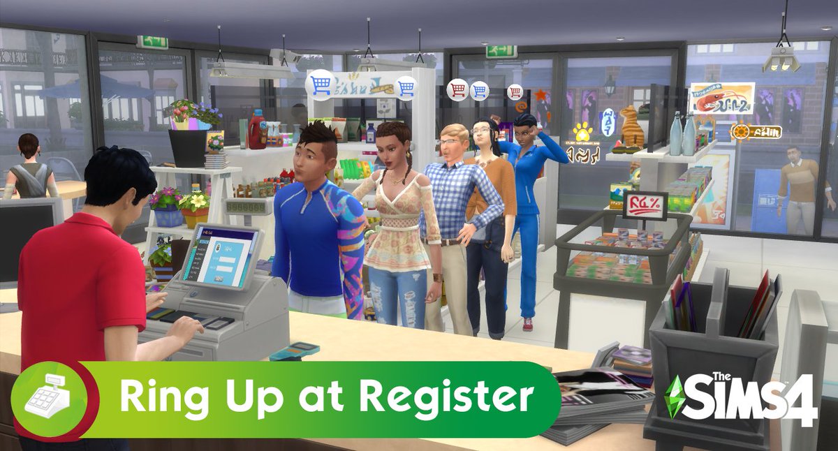 Tiendas de A Trabajar: Sinceramente me pregunto por qué los Sims cobran a sus clientes con tablets(?Hace días salió un mod para que los clientes hagan fila y paguen en la caja registradora pero estaría bueno que se implemente de manera oficial (y si llevaran bolsa como LS2 )