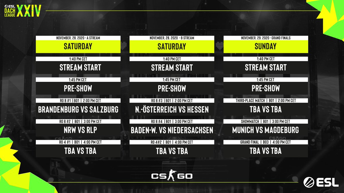 The grand #ESLDACH League XXIV Playoffs-Weekend. Starts. Right. Now.

🇩🇪 A-Stream
⏰ 1:40 PM CET
🎙️ <a href="/DasOschi/">DasOschi</a>
📺 twitch.tv/dasoschi

🇩🇪 B-Stream
⏰ 1:40 PM CET
🎙️ <a href="/reen624/">René "reen624" W.</a>
📺 twitch.tv/reen624

Enjoy the League live at
 discord.gg/ESLDL