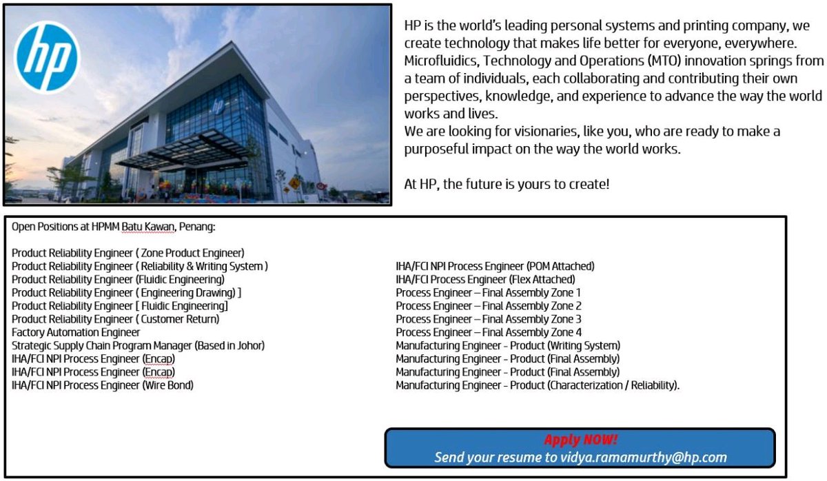 Getme Hired On Twitter Hp Penang Is Hiring Engineering Graduates This Is For You 21 Positions Open For Hiring Product Reliability Engineer Factory Automation Engineer Iha Fci Npi Process Engineer Manufacturing