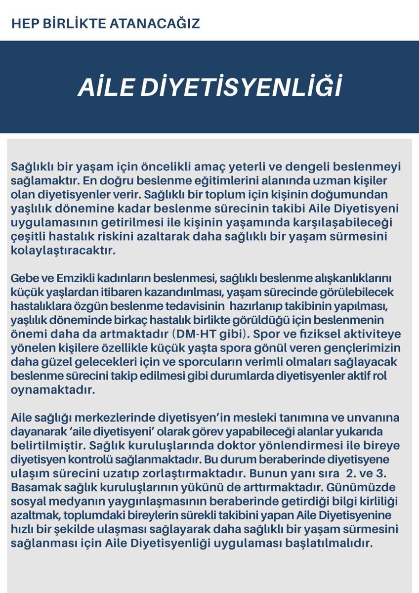 <a href="/osmkya06/">Osman KAYA</a> Aile Diyetisyenligi ile halk yakın takibe alınarak toplum sağlığı geliştirilebilir. Bu nedenle ASM'lere diyetisyen alınmalı istihdam alanı artirilmali .. #Ailediyetisyenim <a href="/drfahrettinkoca/">Dr. Fahrettin Koca</a> <a href="/RTErdogan/">Recep Tayyip Erdoğan</a> <a href="/fuatoktay/">Fuat Oktay</a> <a href="/ikalin1/">İbrahim Kalın</a> <a href="/saglikbakanligi/">T.C. Sağlık Bakanlığı</a> <a href="/mahirunal/">Mahir Ünal 🇹🇷</a> <a href="/EmineErdogan/">Emine Erdoğan</a>