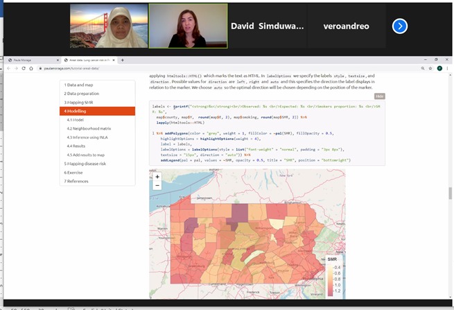 aswiburhan's tweet photo. Attending an amazing workshop on "Disease Risk Modeling and Visualization using R-INLA" delivered by @Paula_Moraga_ .
#geomundus
#geomundus2020
#erasmusmundus
#geotech
#ifgi
#novaims
#uj https://t.co/rn1Cn10kev