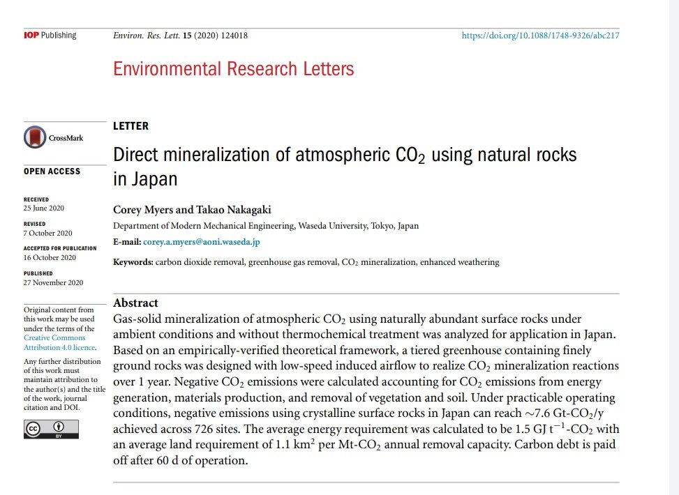We have a new paper out on how to use rocks to pull  #CO2 out of the air and stabilize it as...rocks.TL;DR: Surface rocks in Japan could remove 7.6 Gt-CO2/y at 1.5 GJ/t-CO2.It's open access, so send it to your mother. I know I did. A thread. https://iopscience.iop.org/article/10.1088/1748-9326/abc217