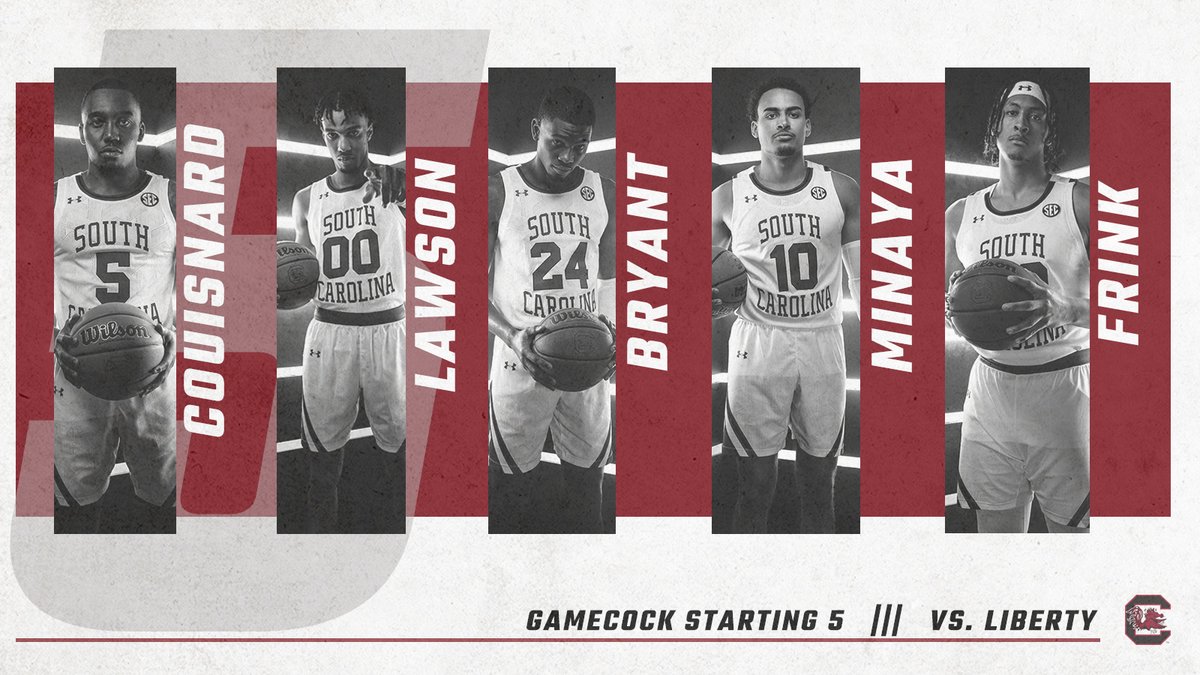 GamecockMBB's tweet photo. Our starting 5 vs. Liberty 🏀😤

@The__Future11 
@ItsAJLawson 
@kiddbryant25 
@justin_minaya 
@Alanzofrink20 

#Gamecocks 🐔 https://t.co/zOMp74YOWz