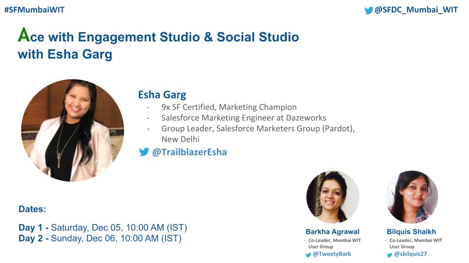 SalesforceMumbaiWIT (@sfdc_mumbai_wit) on Twitter photo 📣 This time we’re coming with a 2-days series Virtual Meet!
Join us & <a href="/TrailblazerEsha/">Esha #MC²</a> to ace with Engagement Studio in Pardot and Social Studio.
RSVP @
Day 1 - trailblazercommunitygroups.com/e/mydz6u/
Day 2 - trailblazercommunitygroups.com/e/mv2eza/
And get the chance to participate & win the awesome swags! 📣 This time we’re coming with a 2-days series Virtual Meet!
Join us & <a href="/TrailblazerEsha/">Esha #MC²</a> to ace with Engagement Studio in Pardot and Social Studio.
RSVP @
Day 1 - trailblazercommunitygroups.com/e/mydz6u/
Day 2 - trailblazercommunitygroups.com/e/mv2eza/
And get the chance to participate & win the awesome swags!