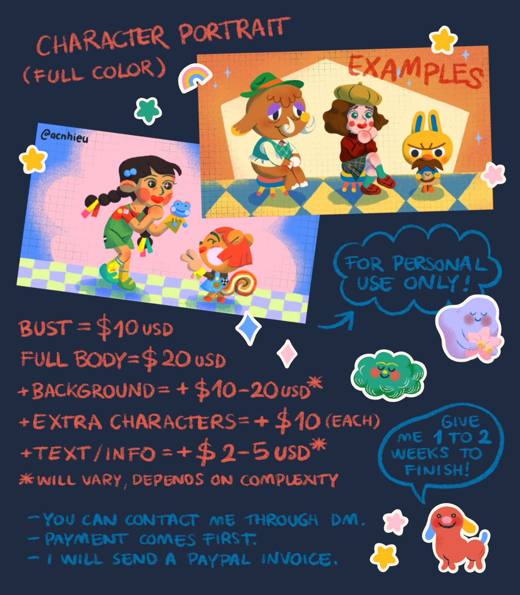 AcnhIeu's tweet photo. ¡Hola! Thanks to your encouragement, I want to try to open some commissions in case someone would like a drawing from me! You'll find some info in the images below, and I set up this form to help you get started: https://t.co/C5qvJojHWX If u have any questions, my DMs are open! https://t.co/4Zv3hG1NEm