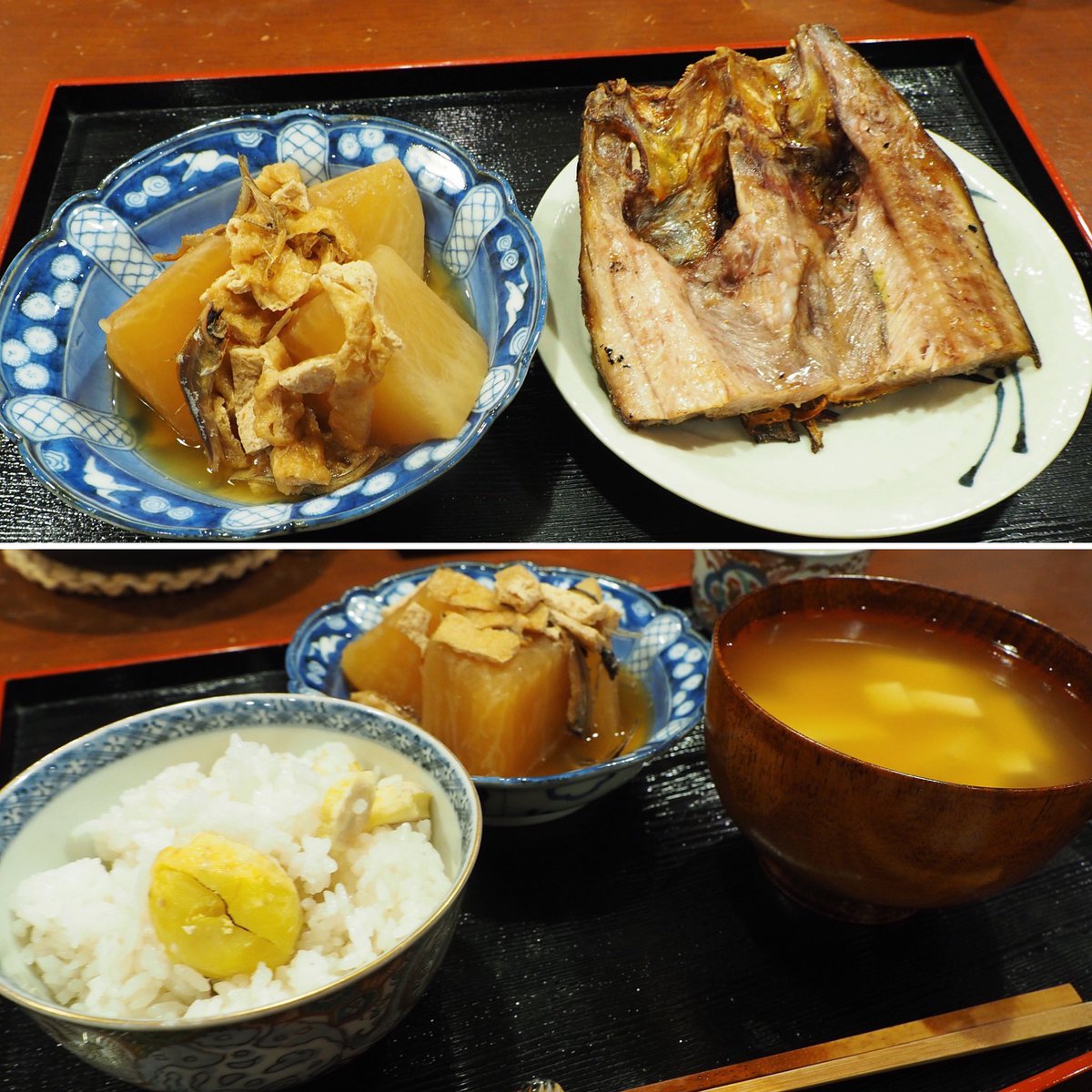 naminami42's tweet photo. 友人が来て3人で和食のおうちご飯。
＊礼文産真ホッケ：2枚を3人で分け合いっこ。
＊丸大根とお揚げの炊いたん：聖護院大根を見かけたので
＊栗ご飯：氷温熟成むき栗 京丹波町産 銀寄栗（冷凍）を使って。
＊お豆腐のお味噌汁
@tsukijiichiba いつも美味しい食材をありがとうございます。 https://t.co/ZcE5AQu6HD