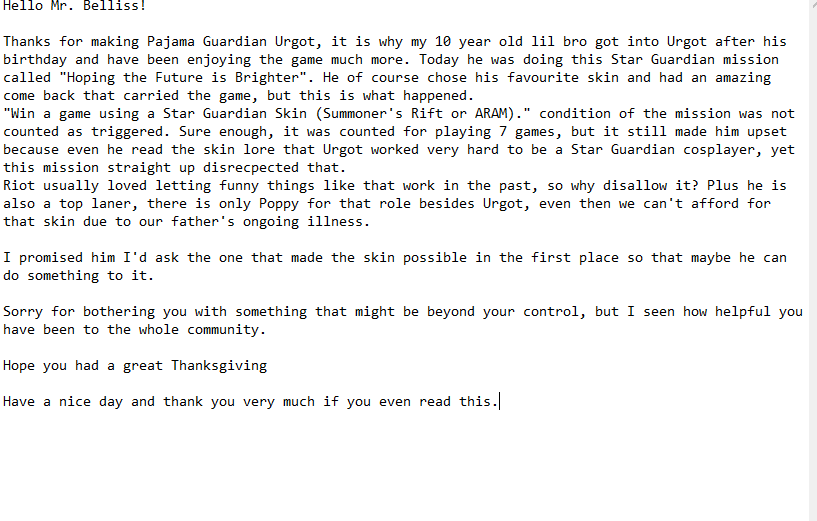 PenguWarrior13's tweet photo. @jbelliss Good day to you, I apologise to bother you, but I believe you are the only one who can help me right now about an issue within League of Legends, releated to Pajama Guardian mission oversight. I've written down everything in the picture to keep this to just one tweet. https://t.co/eutejwwNct