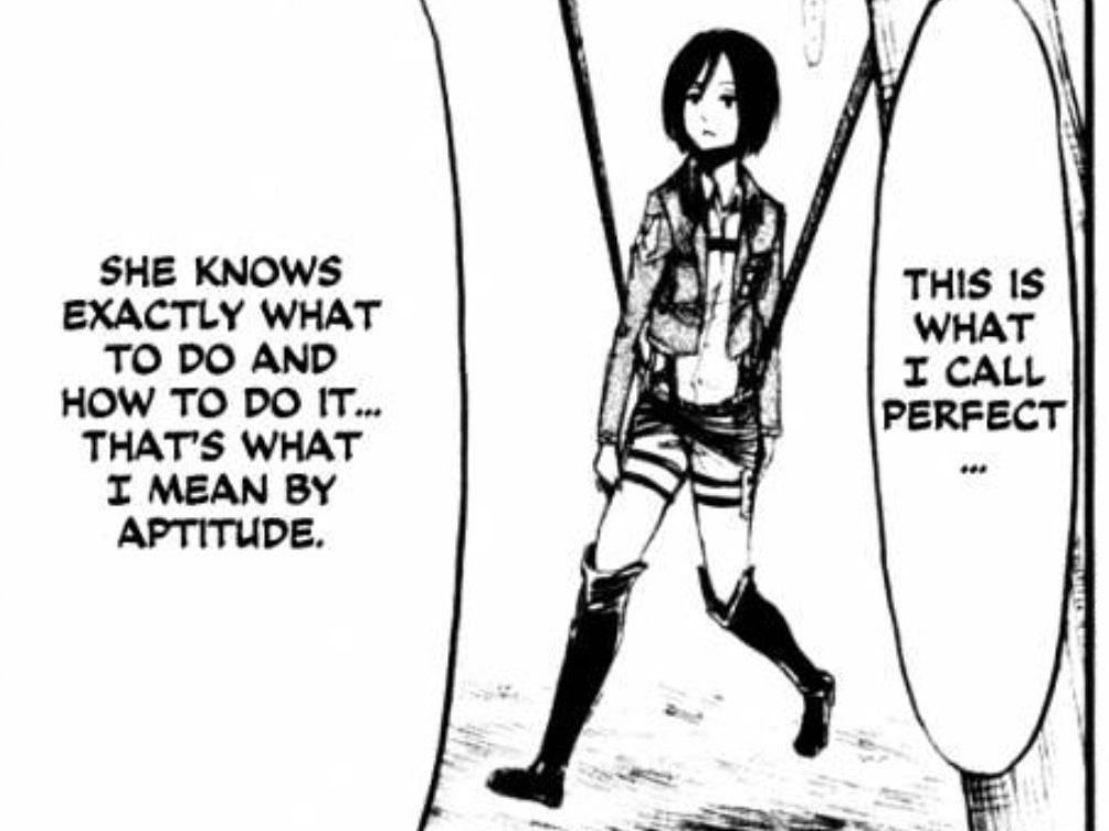 «this talented candidate, is she a girl?» Eren still shows he thinks a lot about Mikasa by asking Falco this question. At the very beginning, Eren had a big inferiority complex towards Mikasa, he wanted to get ahead of her to protect her better and not the other way around.