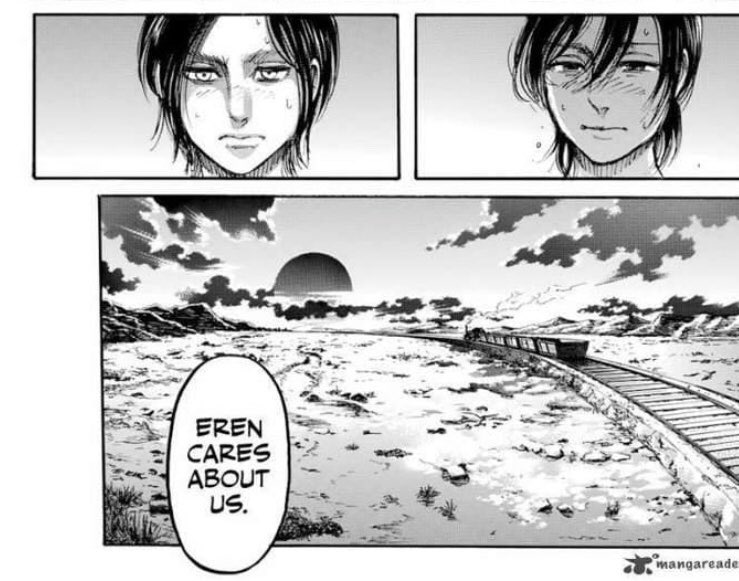 •He says that his friends are important to him, they blush, then Eren and Mikasa look at each other, he doesn't stop blushing in front of her in spite of everything.