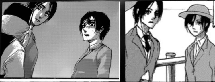 •He holds Mikasa's hand as soon as he senses danger. •He leans forward towards Mikasa with an insistent look (most likely he is thinking of kissing her) when he asks her.