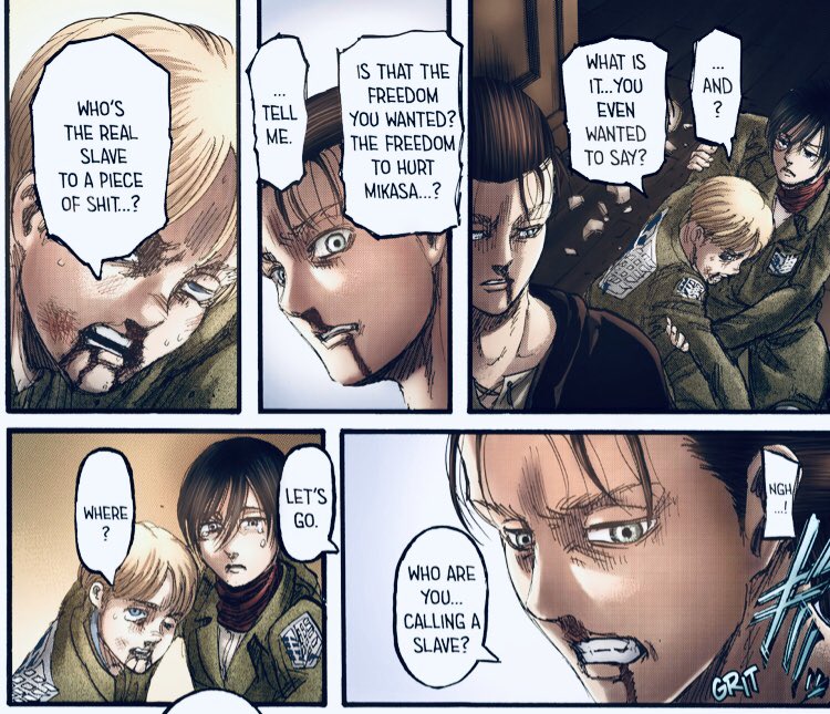 •He is unable to look Mikasa in the eye while he tells her lies. •He is broken after lying, when Mikasa and Armin don’t look at him.•He breaks down when Armin asks him if his freedom is to hurt Mikasa. •Did you notice that his chair is not well placed? He was stressing.