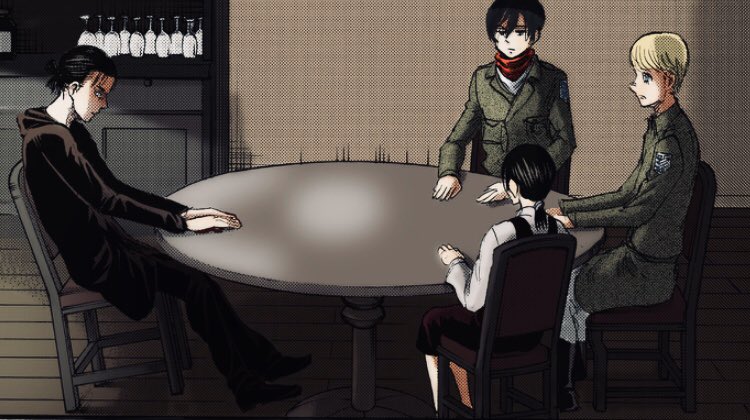 •He is unable to look Mikasa in the eye while he tells her lies. •He is broken after lying, when Mikasa and Armin don’t look at him.•He breaks down when Armin asks him if his freedom is to hurt Mikasa. •Did you notice that his chair is not well placed? He was stressing.