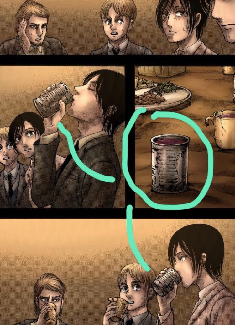 •He drinks from Mikasa's glass, the others are astonished, Mikasa takes her glass and drinks. Jean’s face shows that he is overwhelmed...•He moves around to sleep next to her. The carpet that is probably moving justifies that he wanted to stay more closer to her than Armin.