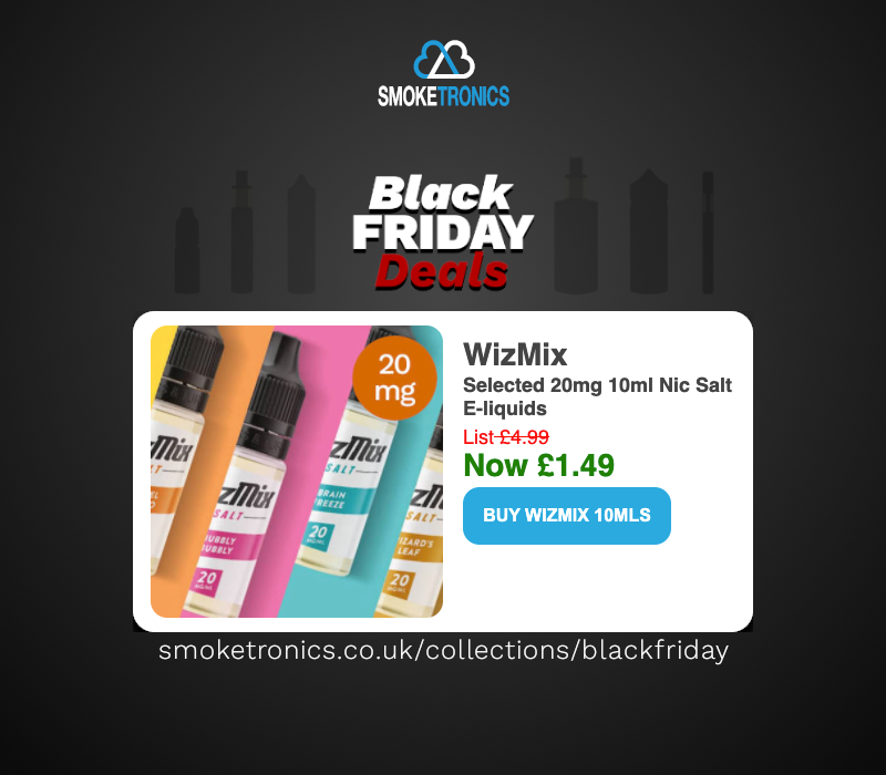 Smoketronicsuk's tweet photo. #blackfridaydeals #wizmix 20mg nic salt e-liquids now just £1.49 (save £3.50) https://t.co/SGRXBmx5T1 https://t.co/DQXIScyCbB