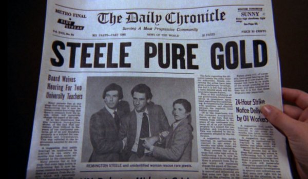 They catch him! Remington Steele and "unidentified woman" are in the press! But he's gone now, he's not coming back and ... well, Laura can go on pretending that he's a real person...