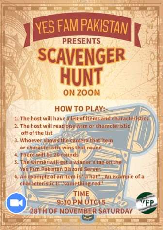 YesfamP's tweet photo. Mashood Chishti is inviting you to a scheduled Zoom meeting.

Topic: YFP Scavenger Hunt!!!!
Time: Nov 28, 2020 09:15 PM Islamabad, Karachi, Tashkent

Join Zoom Meeting
https://t.co/WOhSIbPAiE

Meeting ID: 896 6496 1628
Passcode: B9qr4h https://t.co/2QIbRtqqp2