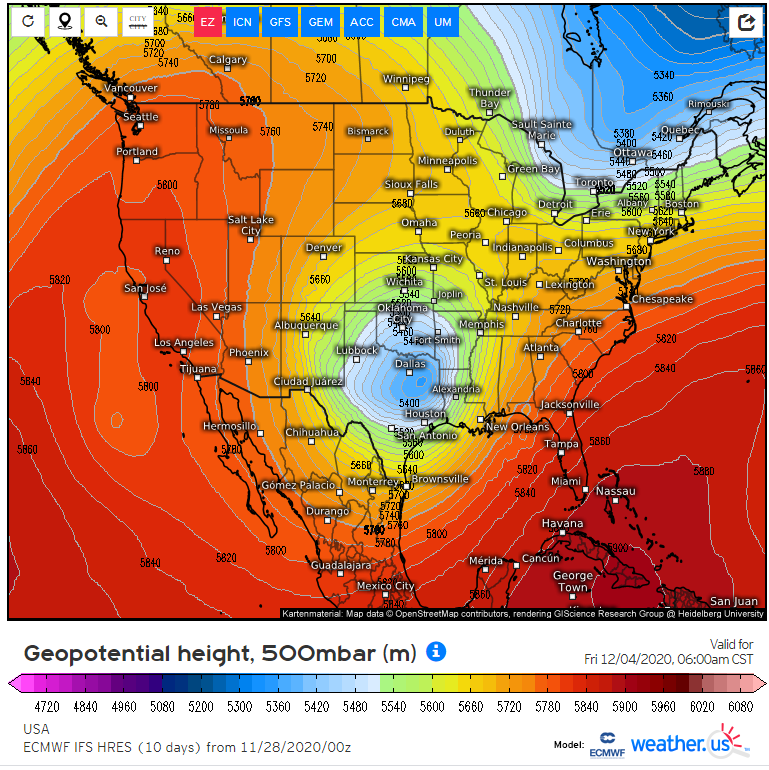 The euro solution in the upper air pattern seems crazy, so I went searching for similar scenarios in the past that produced snow in north Arkansas. I could not find anything this anomalous (leading me to believe it's unrealistic), however I did find a few similar setups (1/4).