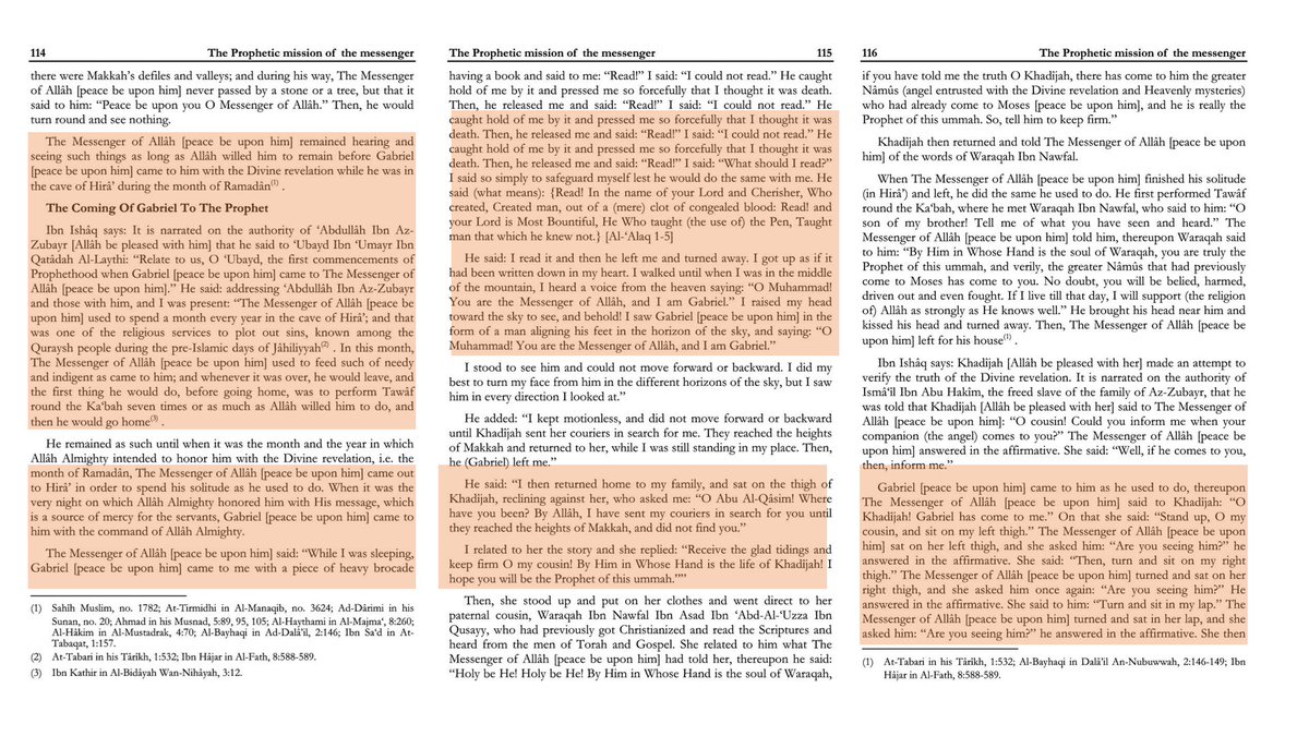 7/n There were doubts that Muhammad had been attacked by Jinns.Hisham further explains the arrival of Gabriel and he declaring Muhammad to be the Prophet. Khadija, his wife is unable to see the Angel but Muhammad does.