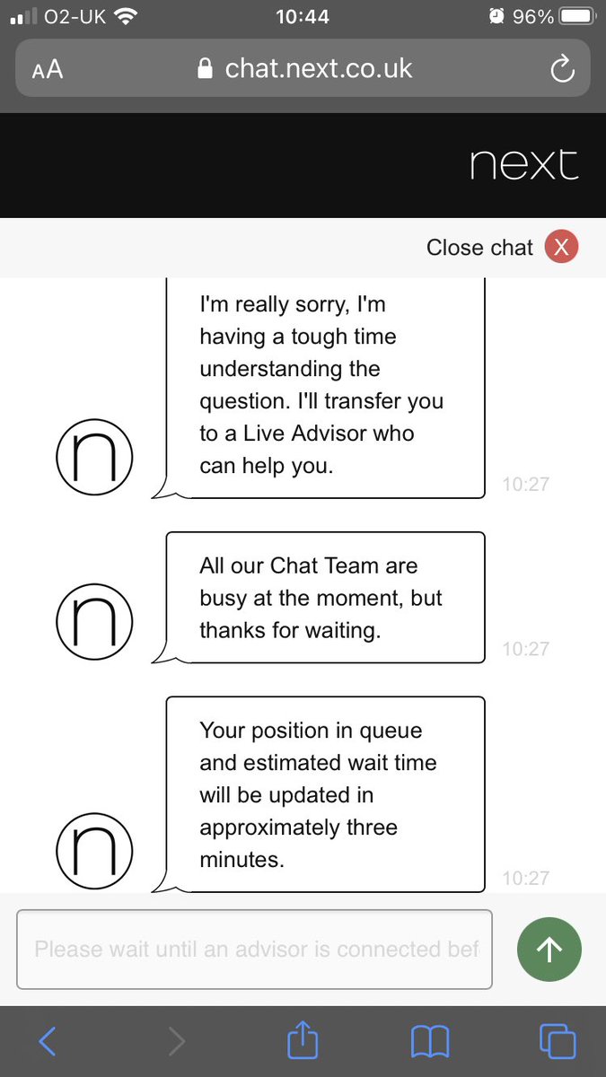 JessBurdass's tweet photo. @nextofficial I think you have tech issues. I’ve tried to use the chat this morning and had no success. I wanted to discuss why the courier for my return was a no show. https://t.co/O7Db2vsZie