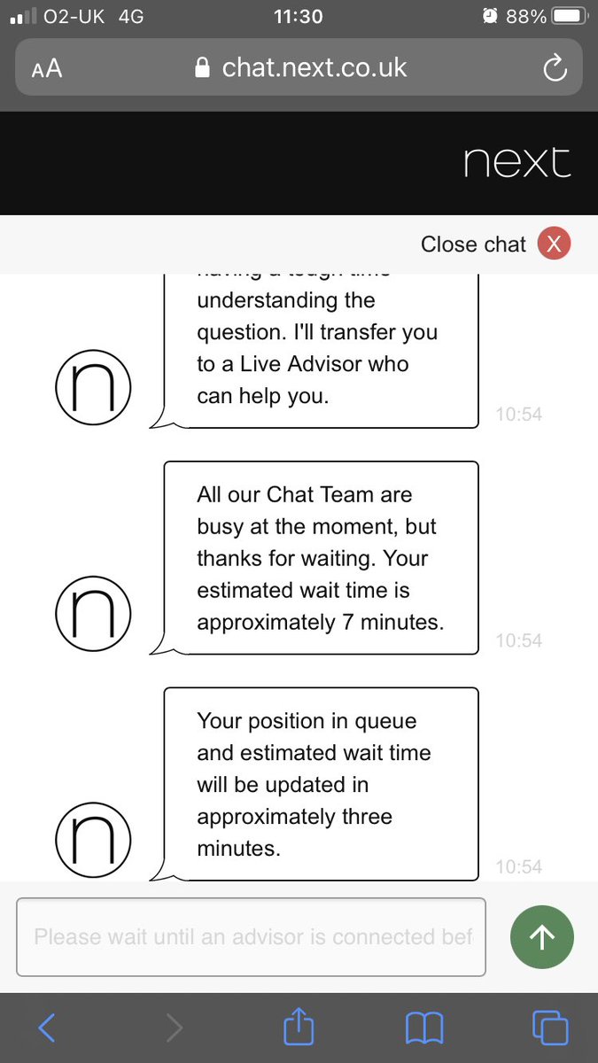 JessBurdass's tweet photo. @nextofficial I think you have tech issues. I’ve tried to use the chat this morning and had no success. I wanted to discuss why the courier for my return was a no show. https://t.co/O7Db2vsZie