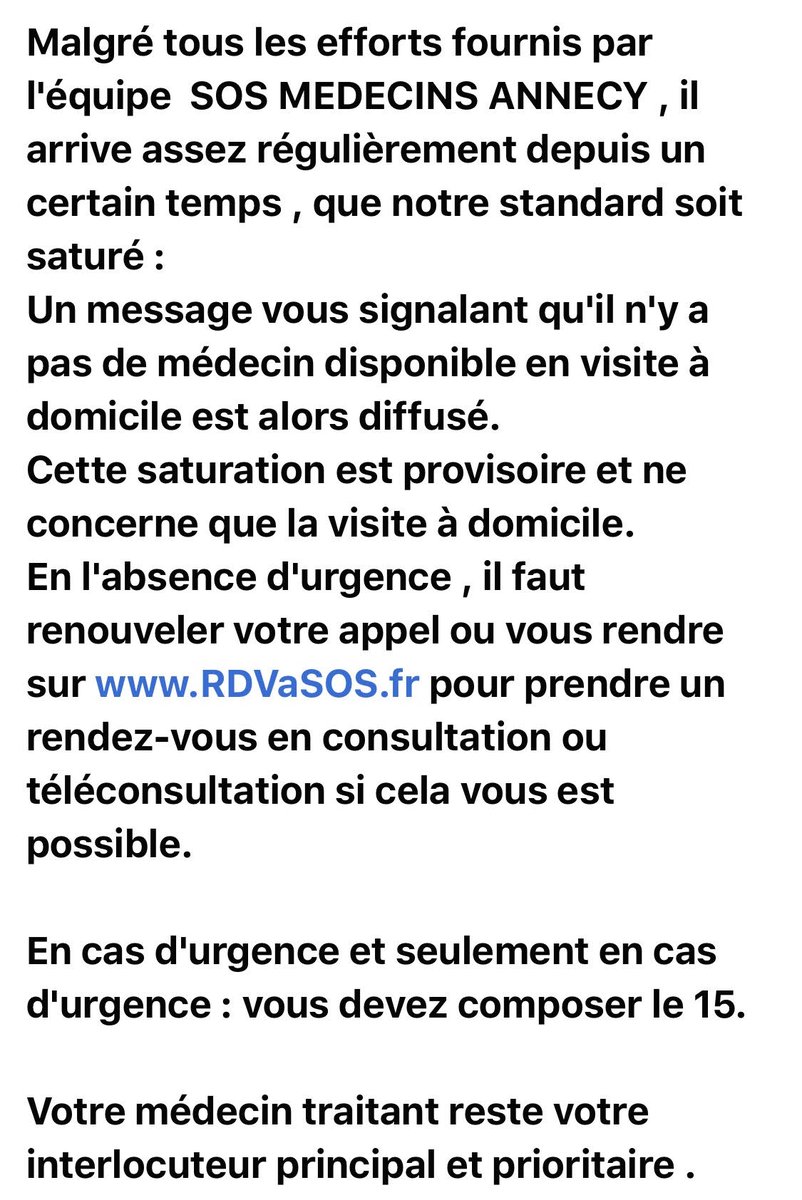 SOS Médecins Annecy reste disponible 7j/7 et 24h/24 en visites, et de 9h à minuit en consultations et en téléconsultations.
Sur rendez-vous par téléphone au 3624 (0.15eurosTTC/mn) ou en ligne sur RDVaSOS.fr pour les consultations et téléconsultations.