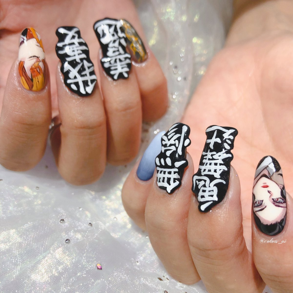 black hair closed eyes 1boy nail polish japanese clothes out of frame 1girl  illustration images