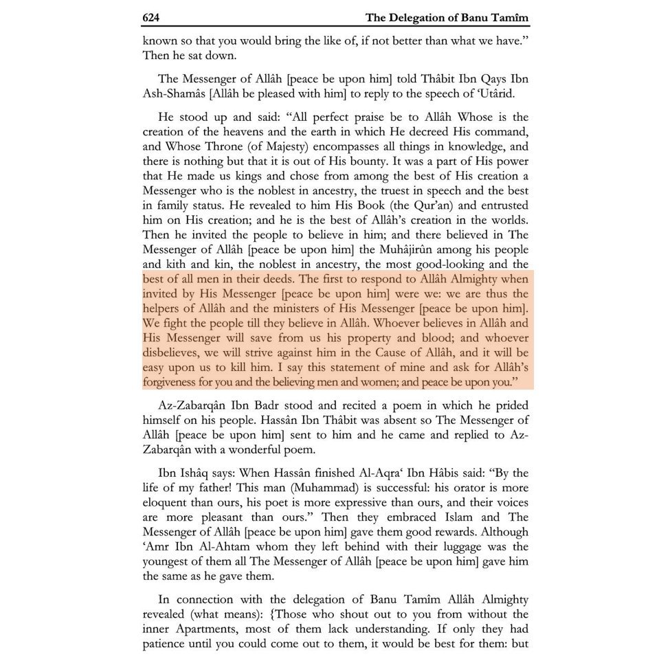 3/n Ibn Hisham, does mention about the harsh manifesto used by Arab fighters before their conquest of the world.It mentions of belief in Allah & the prophet & any opposition meeting death at the Arab hands.