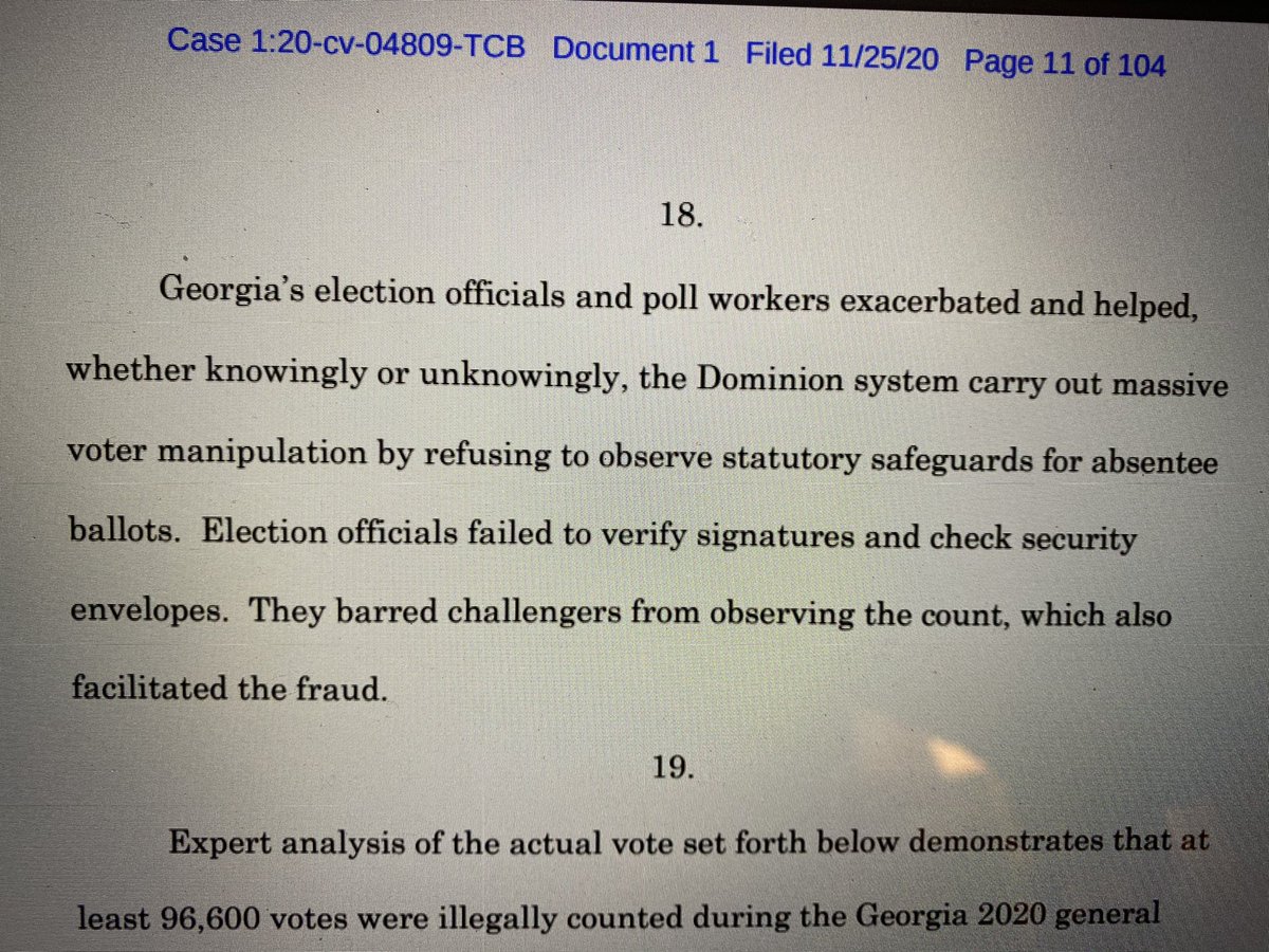 Moving on —The Wood/Powell suit next devotes a graf to blaming “Georgia’s election officials and poll workers” for having “exacerbated or helped” flip votes to Biden by means of the nefarious Hugo Chavez dark-web machines..... what the fuck?