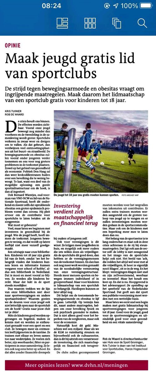 Pleidooi van <a href="/RobdeWaard/">Rob de Waard</a> en <a href="/Kristuinier/">Kris Tuinier</a> in het Dagblad van het Noorden. " Maak van sport een basisvoorziening, met gratis lidmaatschapvan een sportvereniging tot 18 jaar.  Dat betaalt zich maatschappelijk en financieel terug."