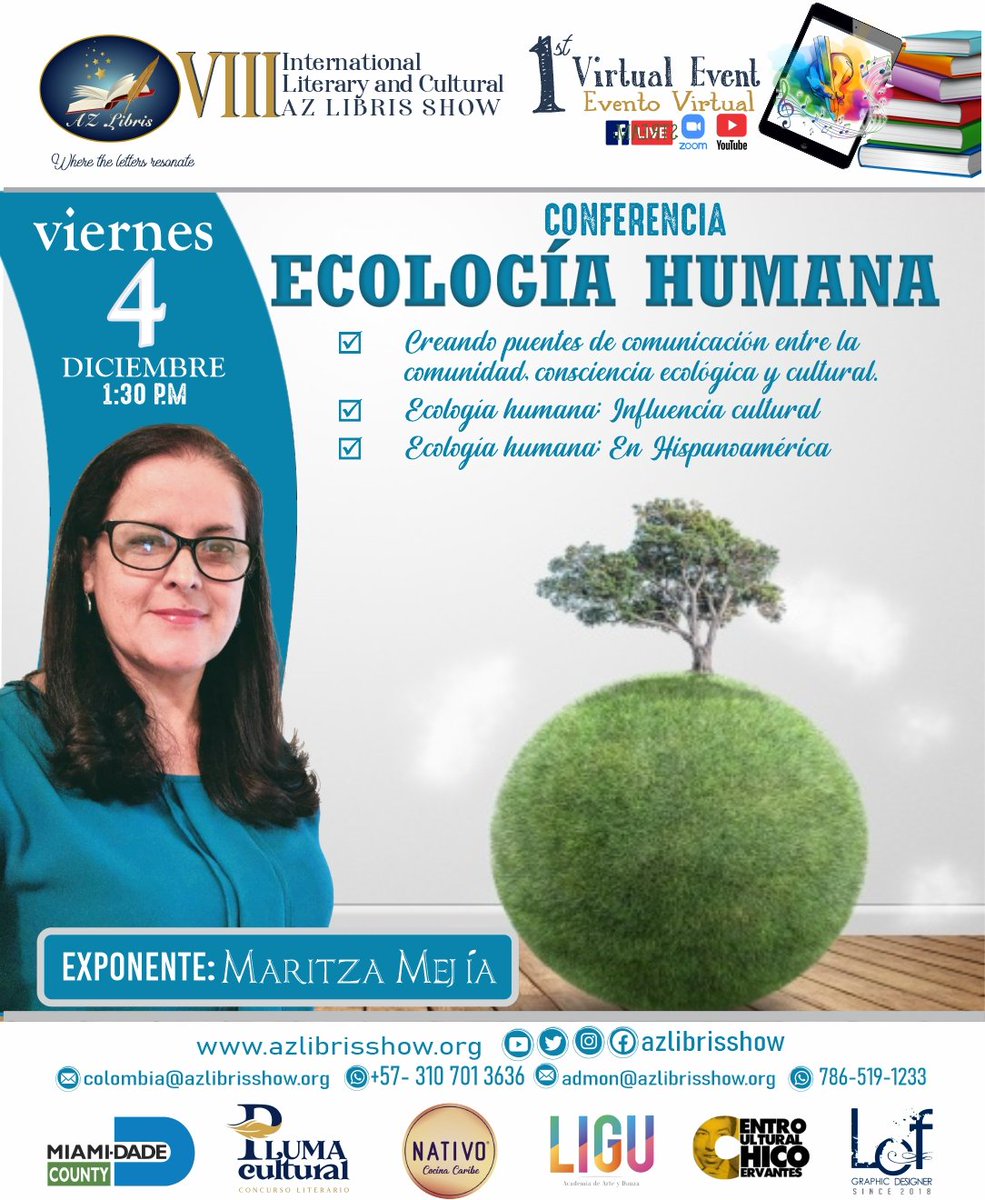 PRÓXIMO EVENTO VIRTUAL:
Finalizamos actividades con un interesante evento organizado por @AZLibrisShow. Expondré la Ecología Humana y la influencia cultural. ¡No olvides registrarte! #ecologíahumana 🌿#LuzDelMes ✨