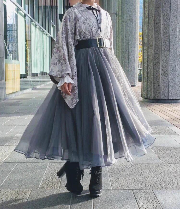 祖母の着物にフレアスカートを合わせてみた！女子感満載の着こなし！