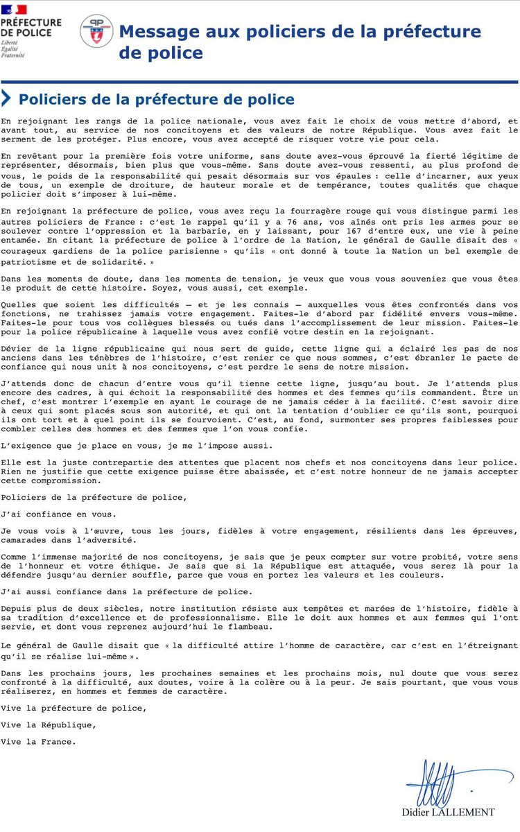 #Lallement 3 questions : Comment ne pas être d’accord avec un texte invoquant les principes républicains? comment écrire un texte sans référence aux incidents répétés qui entachent l’honneur de la police? comment croire son auteur qui énonce «nous ne sommes pas du même camp»