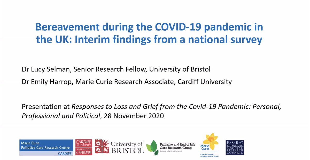 Next keynote is  @Lucy_Selman sharing her and  @EmilyHarrop10 research on bereavement during COVID-19. Research summarised here in the Guardian article  https://www.theguardian.com/lifeandstyle/2020/nov/26/uks-26m-covid-bereaved-suffer-heightened-grief-finds-study1./ #CovidGriefConference