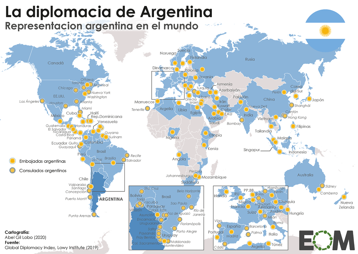 elOrdenMundial's tweet photo. Argentina es el país hispanoamericano con más presencia diplomática del mundo, incluida toda América, casi toda Europa y buena parte de Asia. África es el continente al que menos importancia diplomática dan. https://t.co/H0cyd5WblR