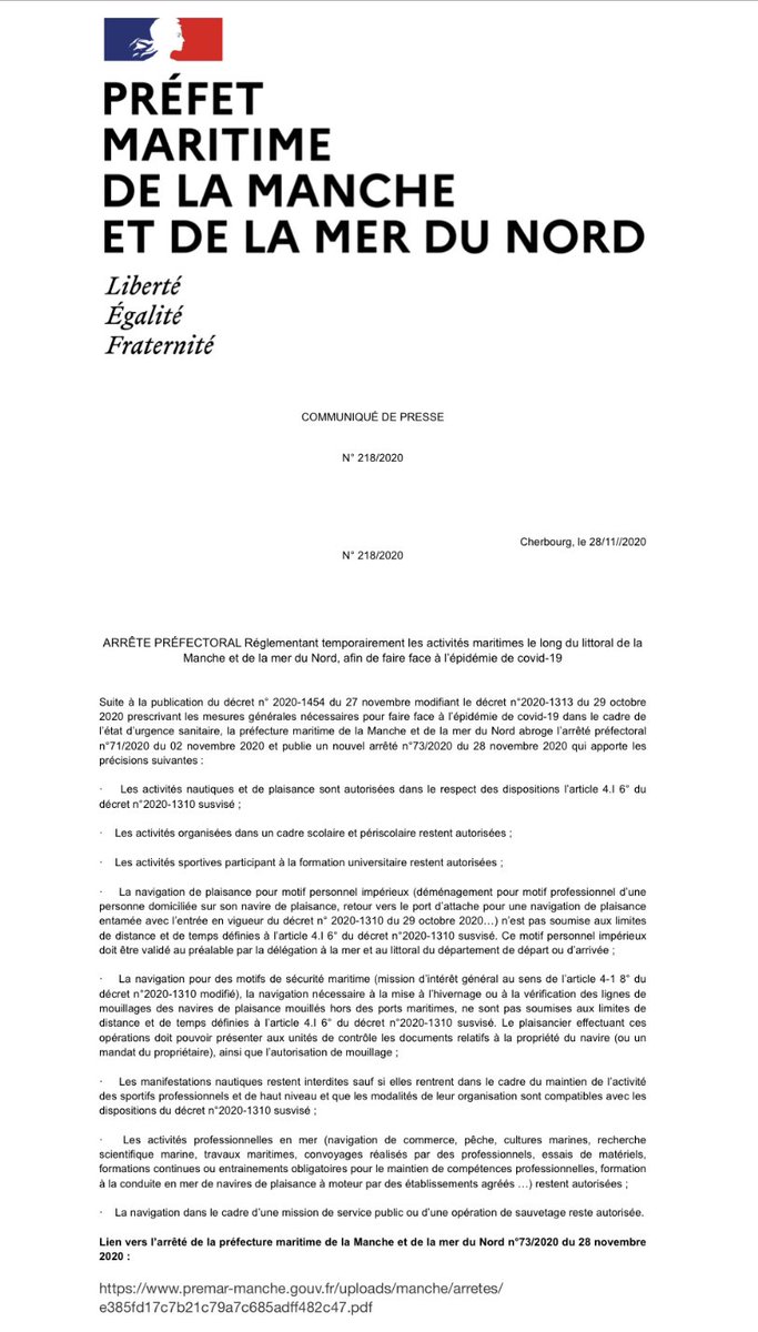 [#COVID19france] Les activités nautiques et de plaisance sont autorisées, dans le respect des dispositions du décret du @MinSoliSante du 2020-1454 du 27 novembre 2020. La <a href="/premarmanche/">Préfecture maritime Manche et mer du Nord</a> publie donc un nouvel arrêté apportant plusieurs précisions ▶️ bit.ly/3lglcPR
