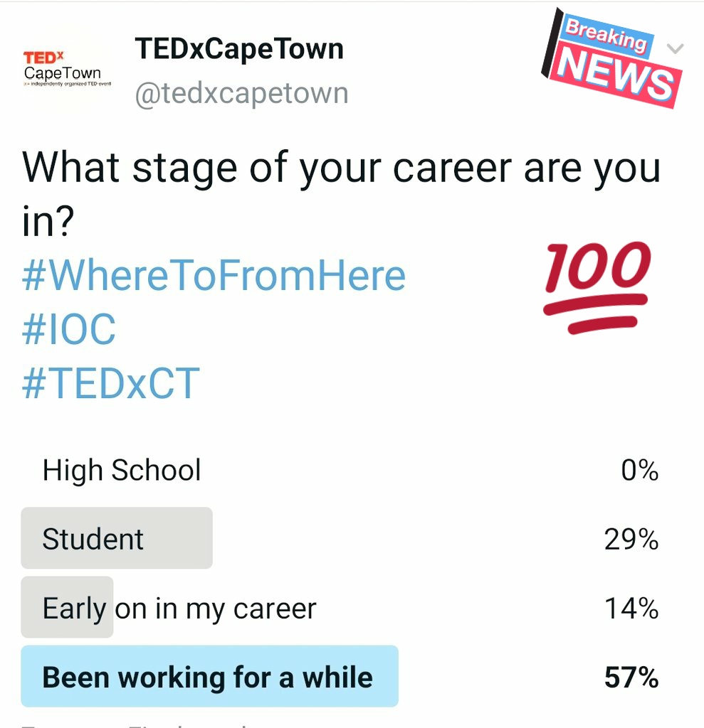 tedxcapetown's tweet image. 📢And they're in! 📢

Our poll 🗳 has closed and the results are in. 

We asked: "What stage of your career are you in?" 
0% high school
29% student 
14% early career 
57% working for a while

Thank you for participating❣
#WhereToFromHere
#TEDxCT
❌