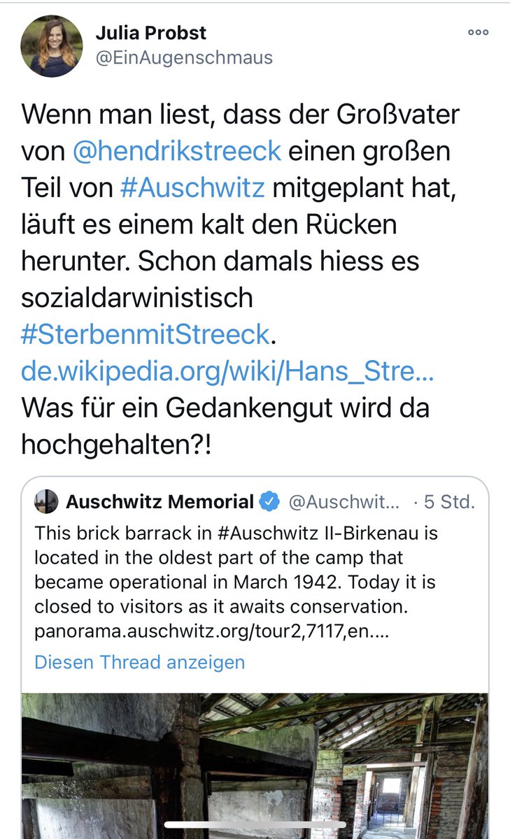 EdCove19's tweet image. An alle 43.600 Follower von dem Grünenmitglied #JuliaProbst @EinAugenschmaus: so jemandem folgt Ihr noch? Habt Ihr sie noch alle? 
#Ausschwitz und @hendrikstreeck in einem Satz? 

Kommt mir nie wieder mit einer #Janauskassel. 

Hat sich @anetta2552 schon gemeldet. 

WIDERWÄRTIG!