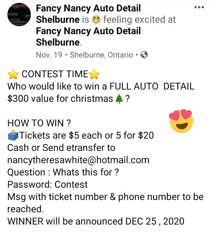FancyNancyAuto's tweet image. #ContestAlert #autodetailing #cleaning #dufferincounty 
#shelburne #fancynancyautodetail 
#winner #christmas #smallbusiness #support
