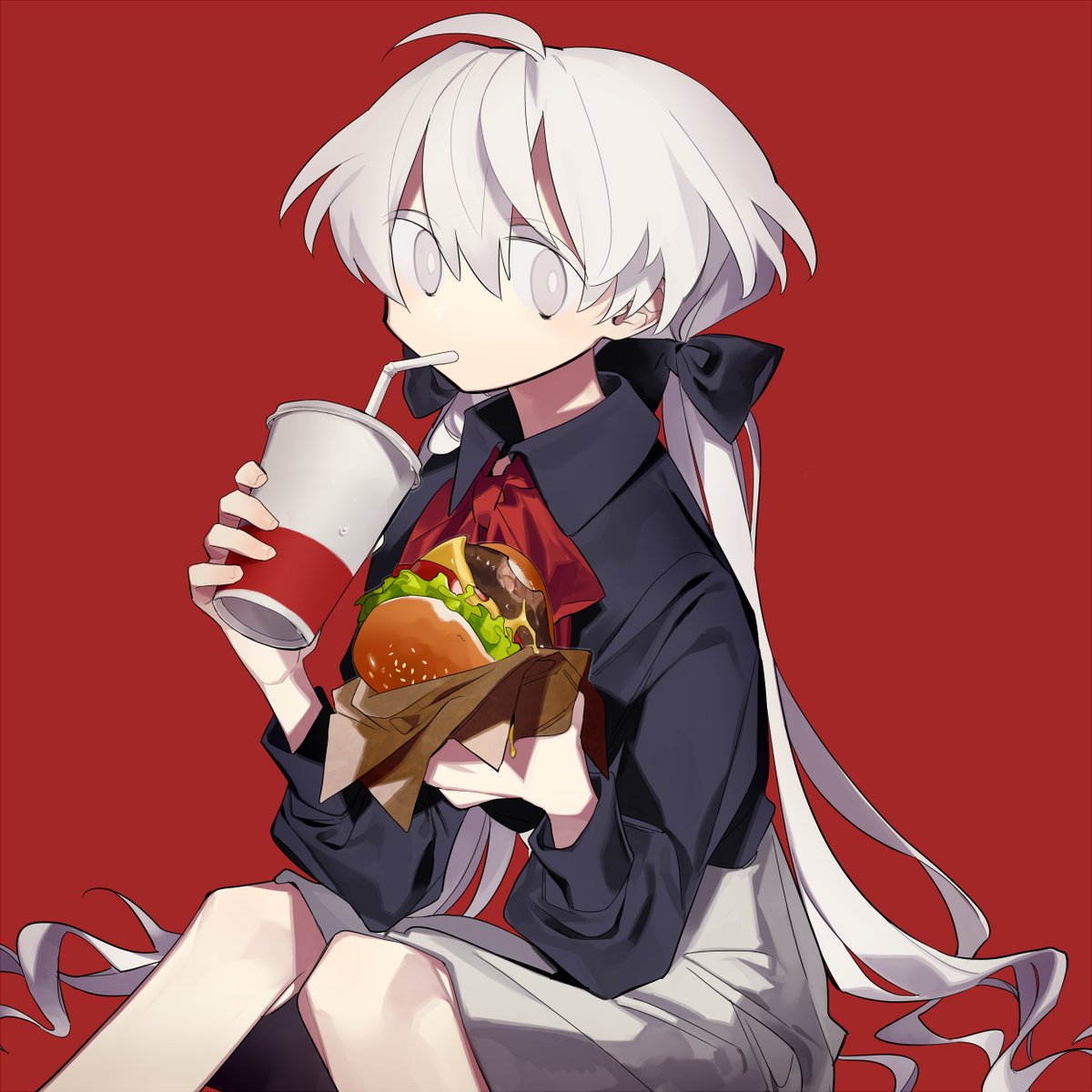 1girl solo food red background white hair long hair burger  illustration images