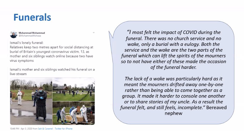 Distressing experiences felt due to the restrictions around funerals. “Heartbreaking” says  @Lucy_Selman. She emphasised the importance of adequate funding for mental health support services. 5./ #CovidGriefConference