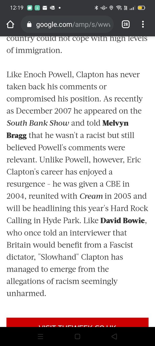 2007, Eric Clapton continues to say the opinions of Enoch Powell were relevant.  https://www.theweek.co.uk/people/37315/night-eric-wasn%E2%80%99t-so-wonderful