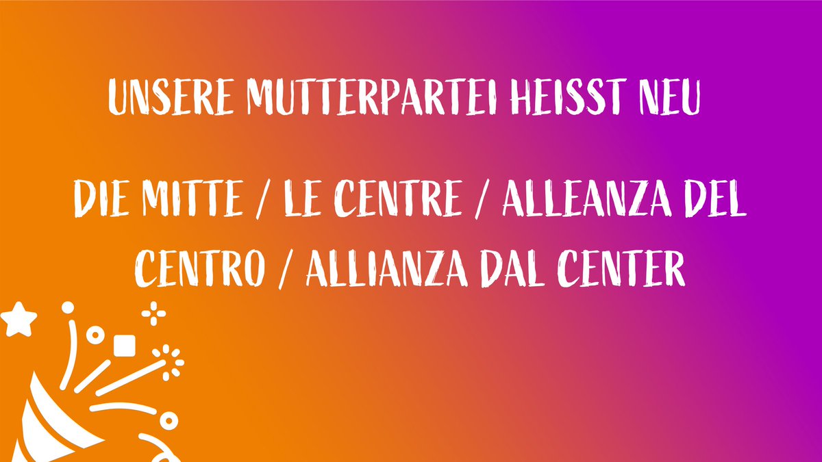 Die Delegierten unserer Mutterpartei haben deutlich entschieden. Die @CVP_PDC heisst in Zukunft DIE MITTE / LE CENTRE / ALLEANZA DEL CENTRO / ALLIANZA DAL CENTER! 🥳 💪Heute Nachmittag entscheiden unsere Delegierten. Wir freuen uns auf eine spannende DV! #AufbruchMitte