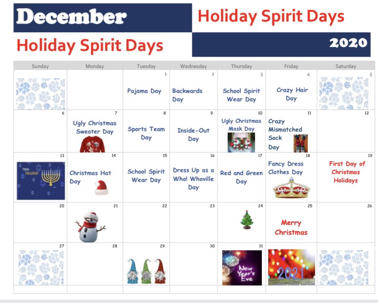 htubman2015's tweet photo. December will be fun at Harriet Tubman as we get ready for the holidays. Students can participate in as many spirit days as they wish. Since we won’t be having our traditional Whoville Dinner we will be having a Whoville costume contest on Wednesday, December 16! https://t.co/axt7wVO5mK